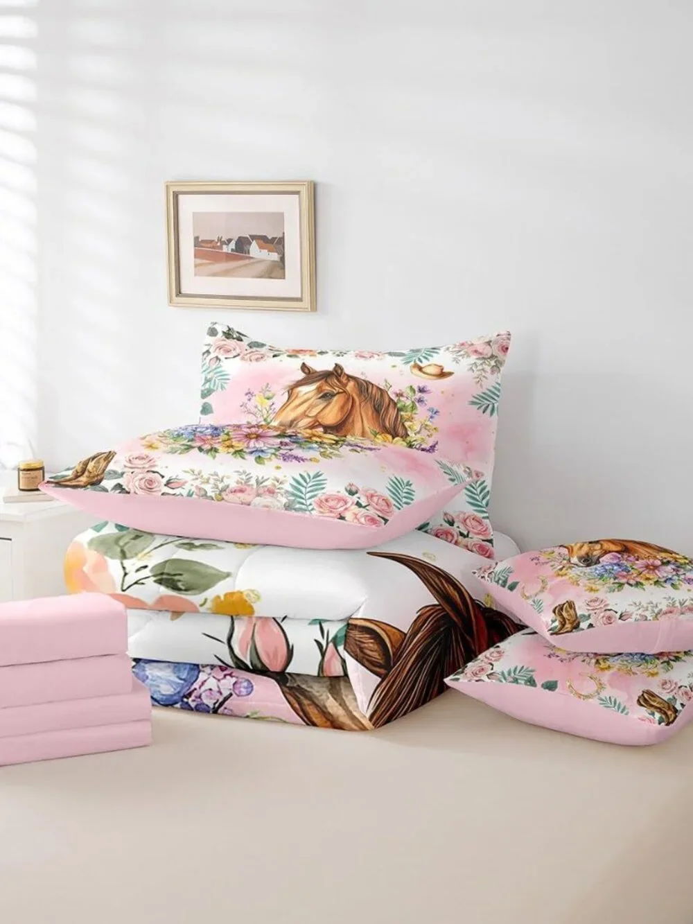 Western Cowgirl Horse Twin Bedding Set 7 Piece for Girls Kids,Cute Boho Pink Flo